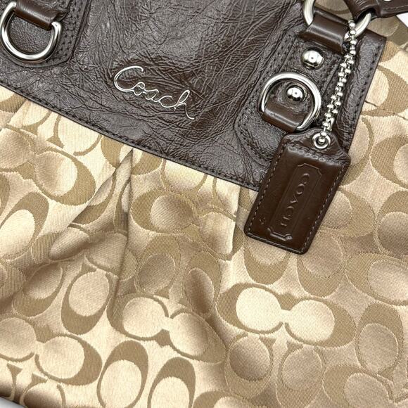 COACH F15510 Ashley Signature Sateen Carryall Khaki Gold Mahogany Leather Silver - Picture 11 of 16